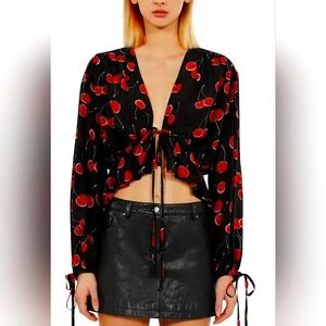 The Kooples - Cherry Print Black Blouse, Size 1 (US Size S)